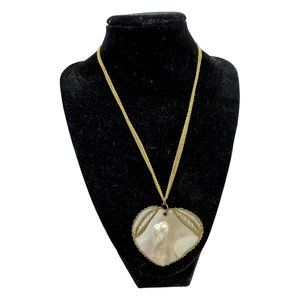 Vintage Gold Tone Chain Heart Shaped Shell Pendant Golden Leaf Details